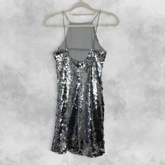 NWOT Stradivarius Silver Sequin Swiftie Metallic Spacecore Prom Mini Dress S - Picture 6 of 12